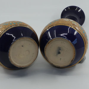doulton-slaters-stoneware-pair-of-narrowneck-bulbous-vases-with-blue-white-green-enamelling-and-gilt-highlights-stamped-672