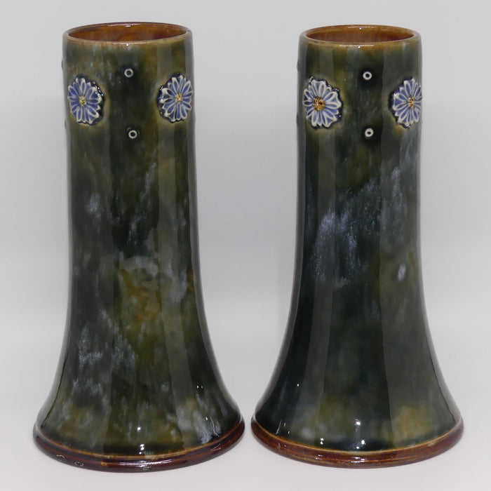 Royal Doulton Stoneware Mottled Green and Applied Flower pair of vases