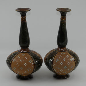 royal-doulton-stoneware-pair-of-narrow-neck-bulbous-vases-with-blue-white-enamelling-highlights-stamped-8331