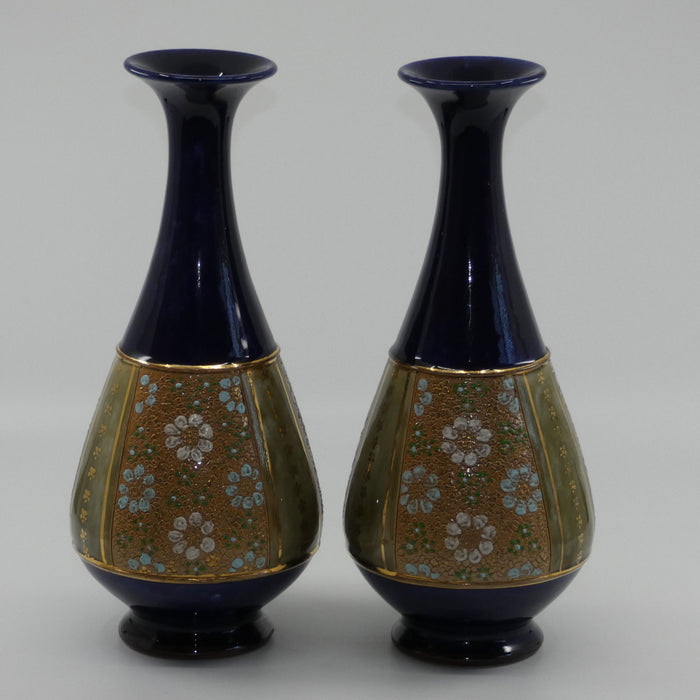 Royal Doulton pair of stoneware vases with blue, green & white enamelled flowers and gilt highlights (stamped 8334) #1