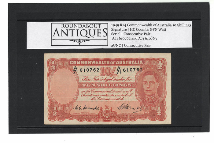 1949 R14 Commonwealth of Australia 10 Shillings | Coombs Watt | Consec Pair | A71 610762 and A71 610763 | aUNC