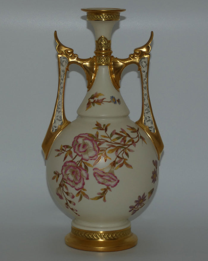 Royal Worcester Blush Ivory hand painted floral vase with reticulated handles