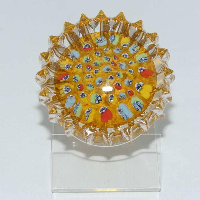 John Deacons Scotland Millefiori Pansy paperweight | Amber | Ribbed