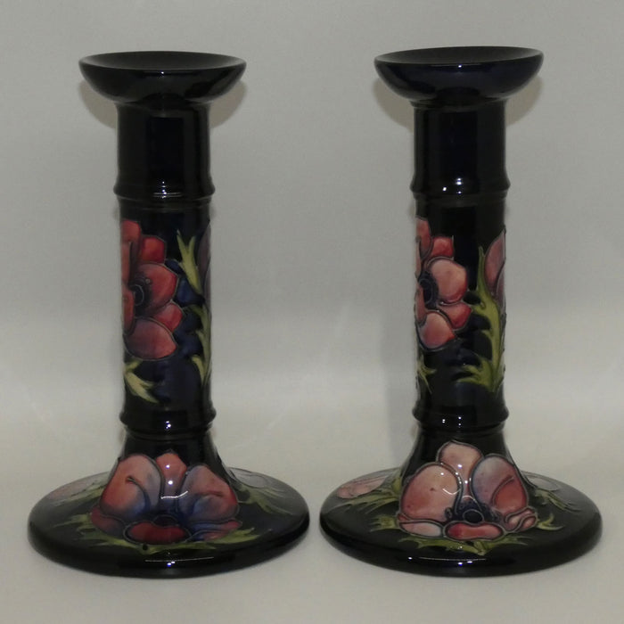 Moorcroft Anemone (Blue) pair of tall candlesticks c.1991