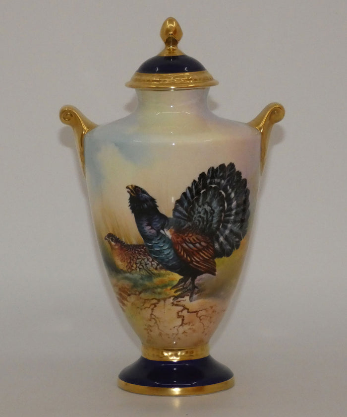 Aynsley Fine Art Collection Handpainted lidded Vase depicting the Capercaillie by J Shaw
