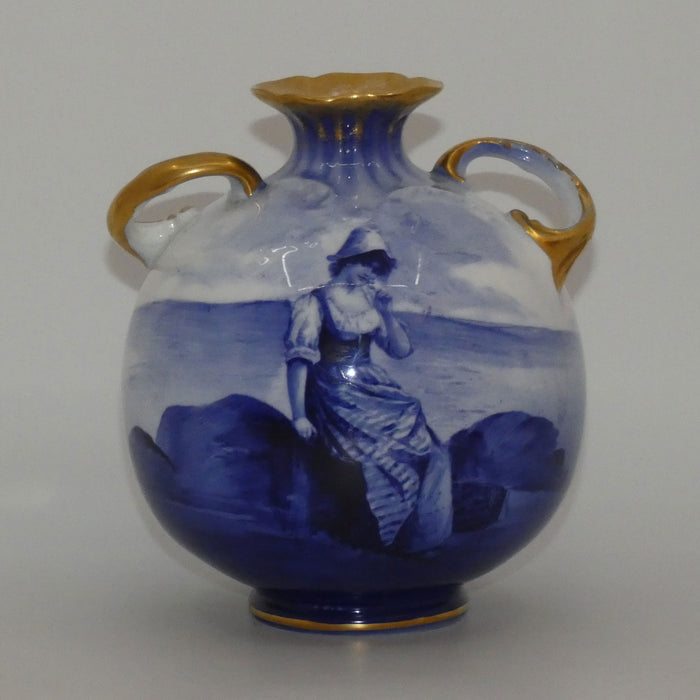 Royal Doulton Blue Childrens ball vase with helix twist handles (Woman by seashore)