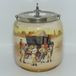 Royal Doulton Coaching Days biscuit barrel | decorated EP lid and round handle D2716