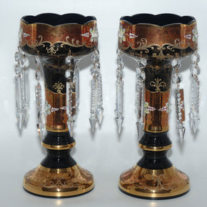 Pair of Bohemian Hand Painted and Heavily Gilt Black Glass Lustres c.1970