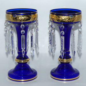 Pair of Bohemian Heavily Gilt and Cut Blue Glass Lustres c.1990