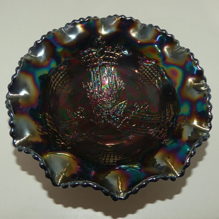 Australian Carnival Glass | Dark Butterfly and Bower footed bowl