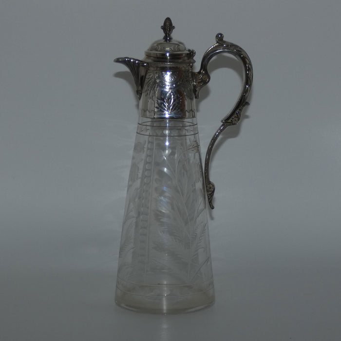 Late Victorian narrow etched claret jug with plated mounts