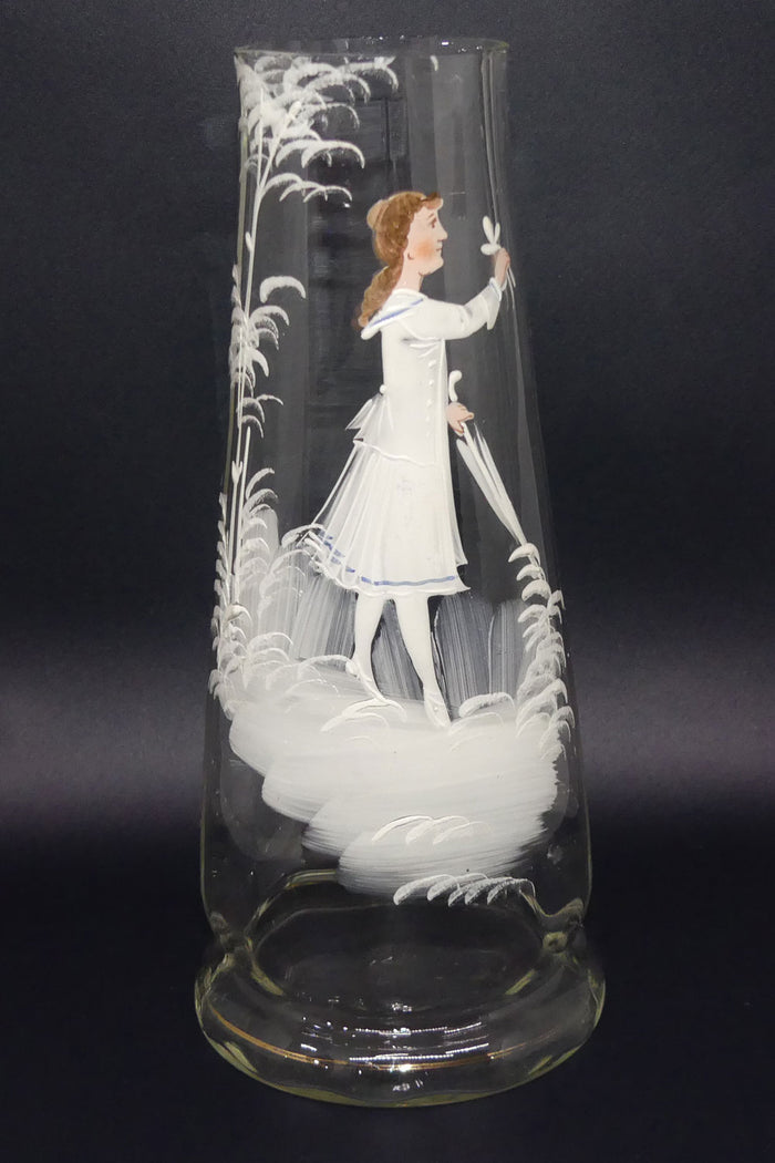 Clear Mary Gregory Glass vase | Girl with Umbrella | Coloured