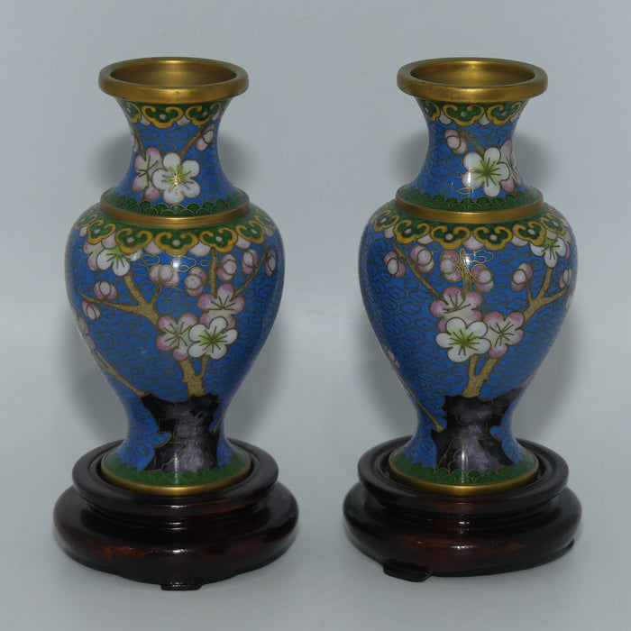 Pair of Mid Century Cloisonne Vases | Pattern matched | Apple Blossoms