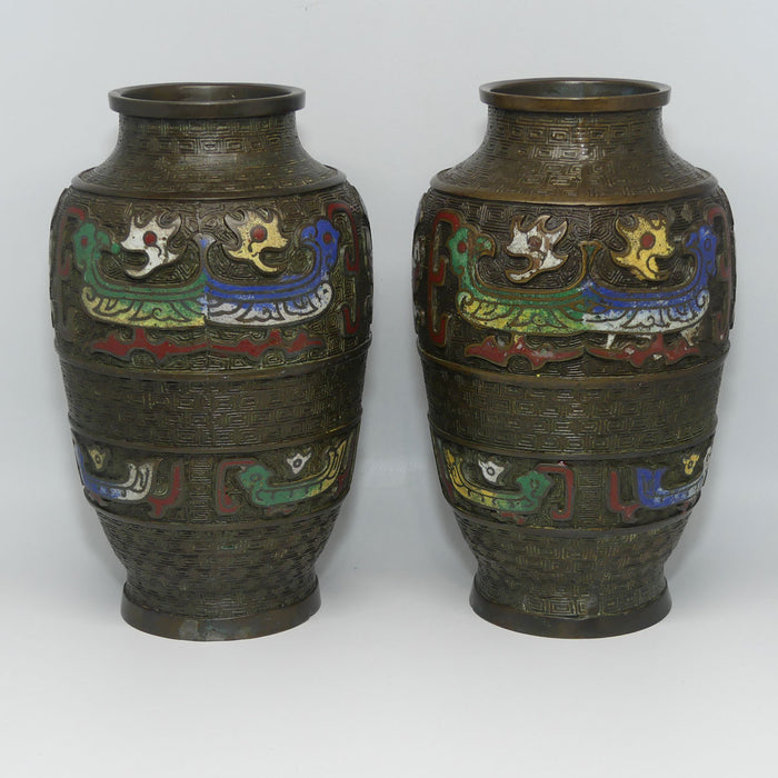 Pair of Japanese Champleve Cloisonne Enamel on Bronze pair of vases