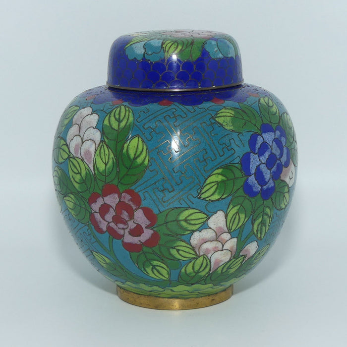 Mid Century Cloisonne Ginger Jar | Aqua Ground and Blue Collar