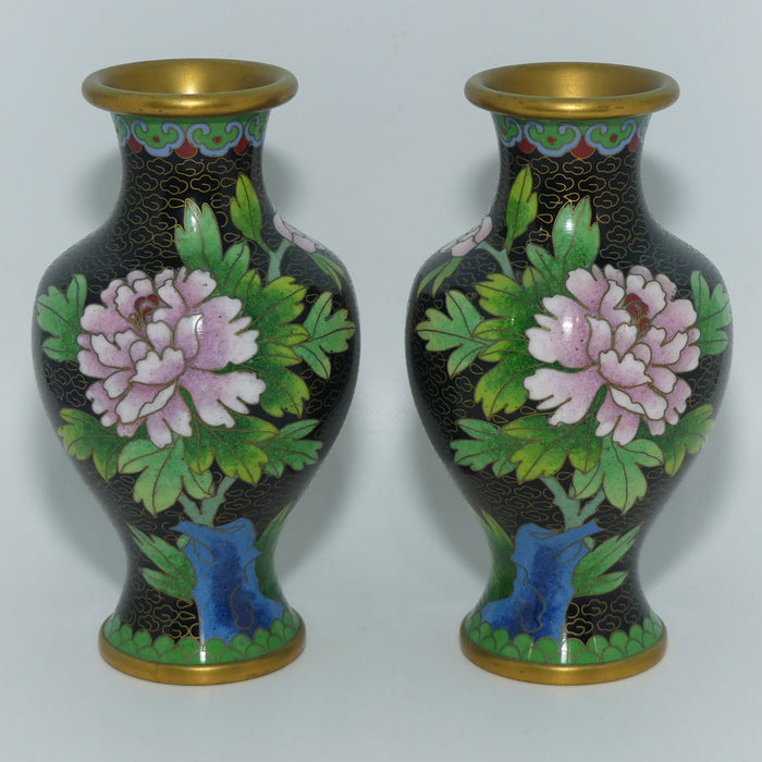 Pair of Mid Century Cloisonne Vases | Pattern matched | Black Ground | Pink and Yellow Flowers