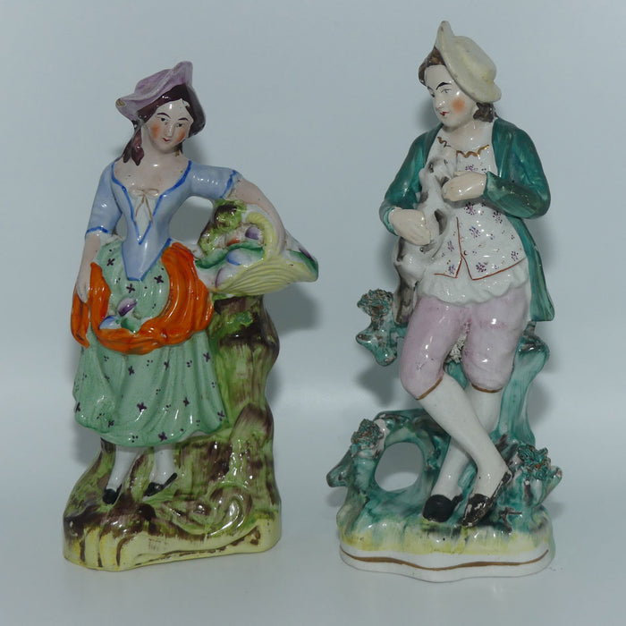 Antique Staffordshire Pottery Pair of Flatback Figures | Man with Dog | Lady with Basket