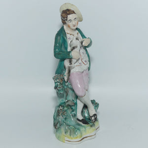 19th Cent Staffordshire Pottery Pair of Flatback Figures | Man with Dog | Lady with Basket