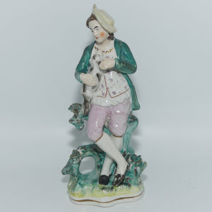 19th Cent Staffordshire Pottery Pair of Flatback Figures | Man with Dog | Lady with Basket