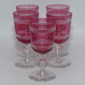 set-of-5-cranberry-facetted-to-clear-liqueur-glasses