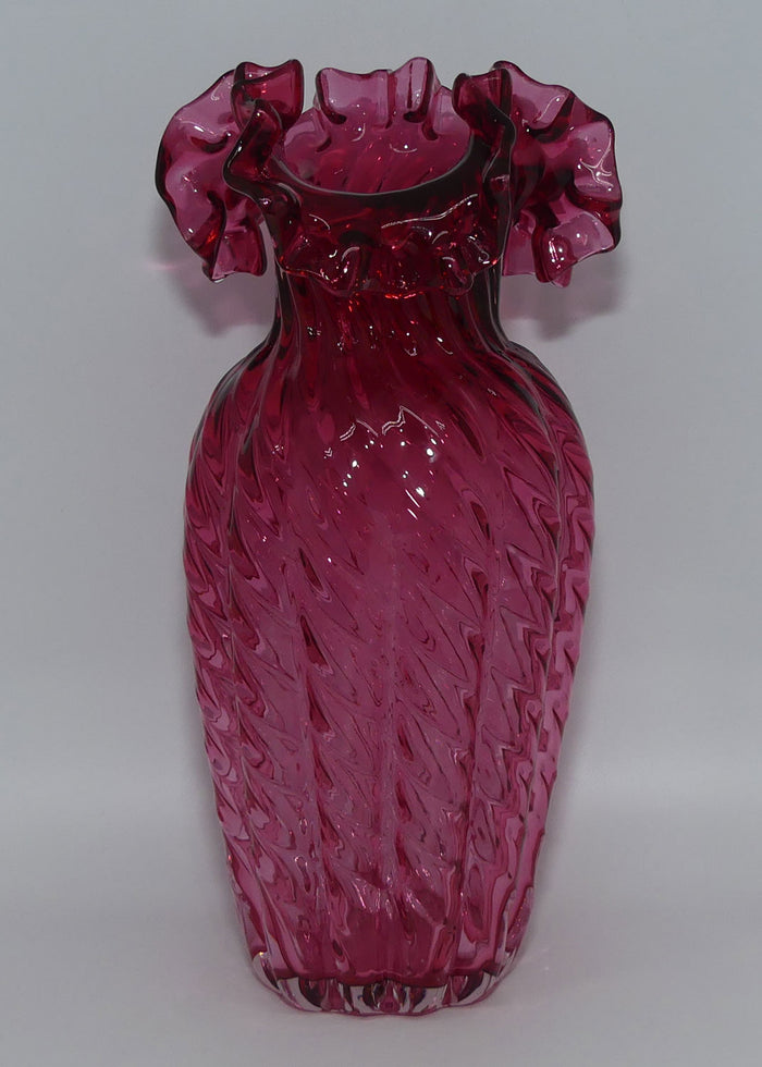 Vintage Victorian style Cranberry Glass frilled edge tall Melon shape vase