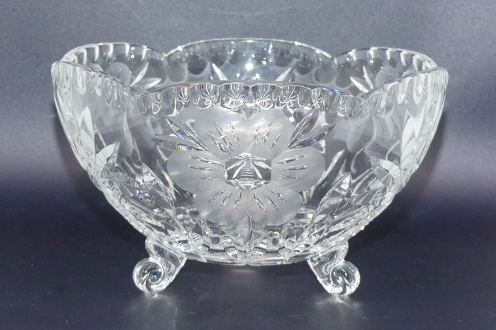 Vintage Crystal Floral pattern tri footed bowl | Wavy rim