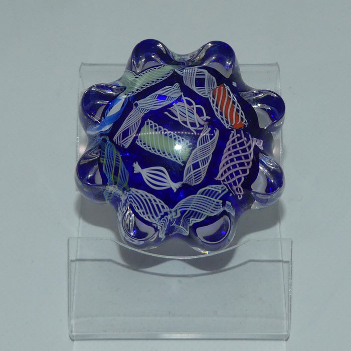 John Deacons Scotland Latticino Daisy miniature paperweight | Blue