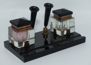 Art Deco Jet Glass, Crystal and Bakelite twin inkwell desk set