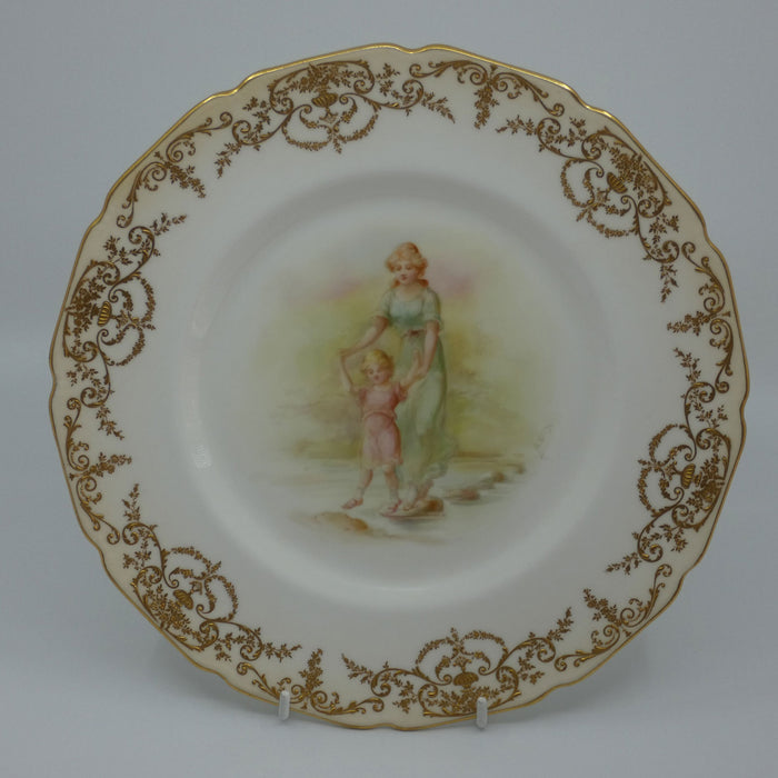 Royal Doulton hand painted and gilt Young woman and Child walking over stepping stones plate (Dix)