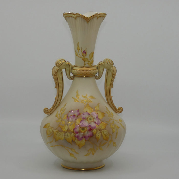 Royal Worcester Blush Ivory hand painted and gilt handled vase depicting Dogwood Roses