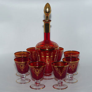 Vintage Retro | Mid Century Ruby Glass decanter and 8 glasses
