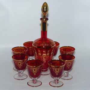 Vintage Retro | Mid Century Ruby Glass decanter and 8 glasses