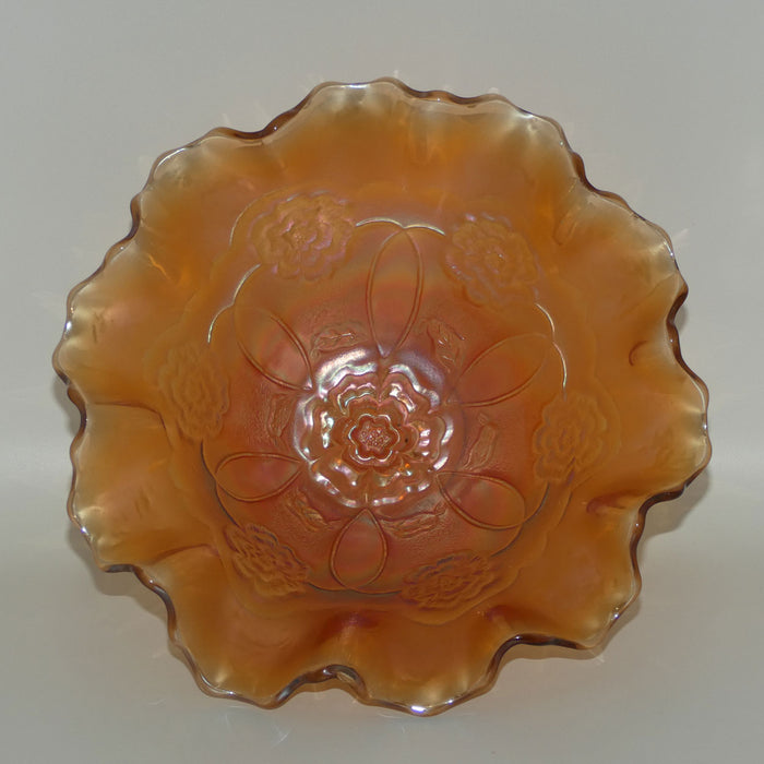 Dugan Marigold Carnival Glass Double Stem Rose pattern bowl #1