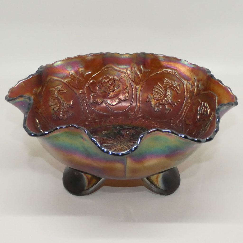 fenton-plum-carnival-glass-tri-footed-bowl-dragon-and-rose