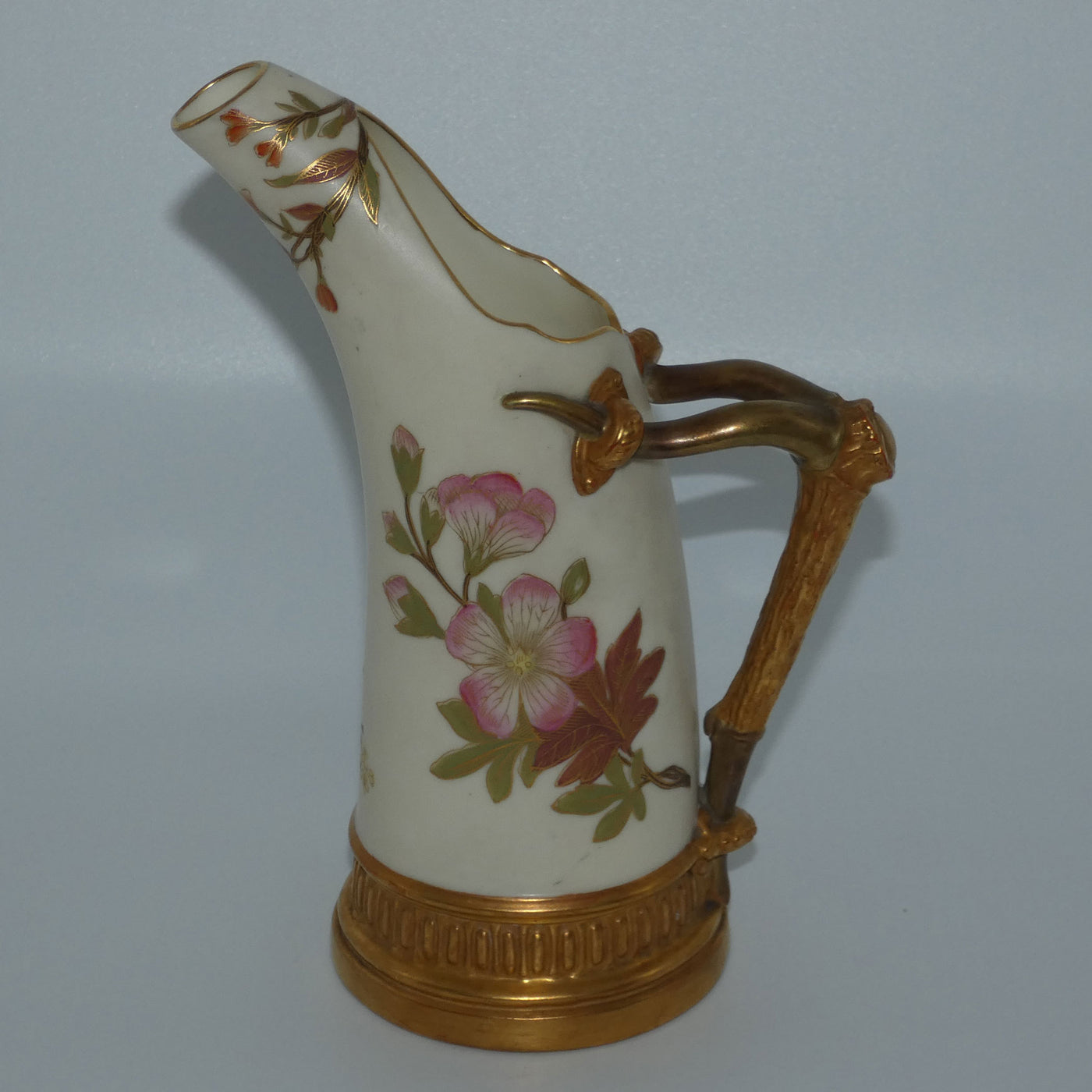 Royal Worcester Blush Ivory hand painted and gilt horn handle jug 