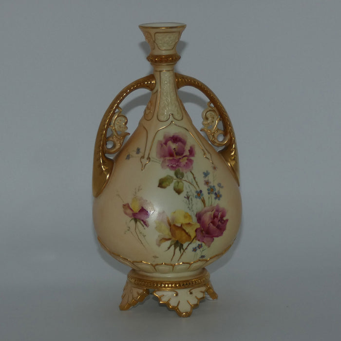 Royal Worcester Blush Ivory hand painted and gilt twin handle Roses vase