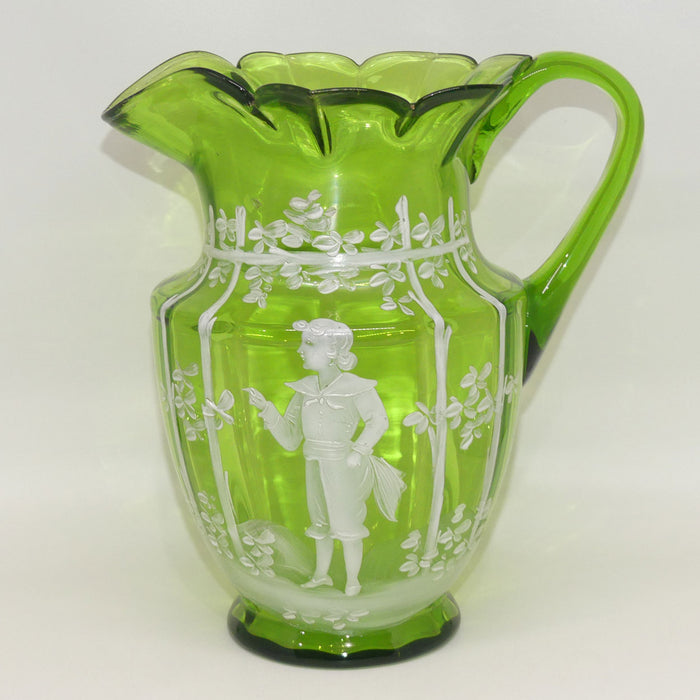 Green Mary Gregory glass jug Boy in Floral Bower