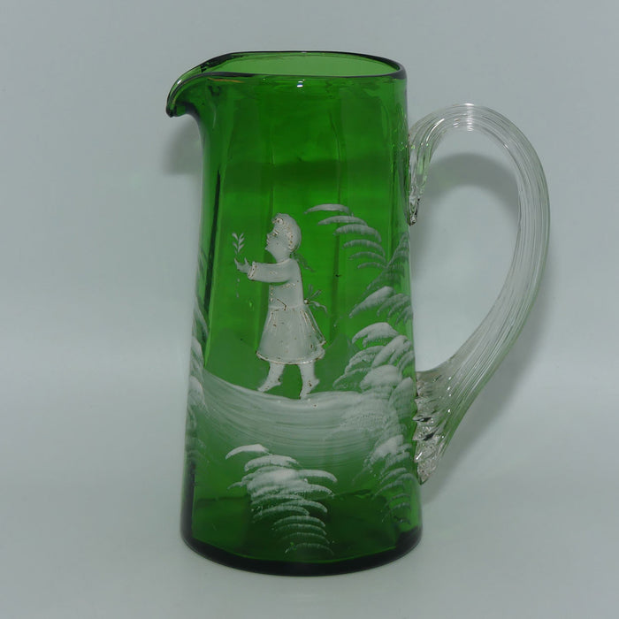 Mary Gregory Glass jug | Emerald Green with Clear Reeded Handle | Girl motif