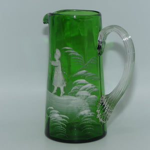 mary-gregory-glass-jug-emerald-green-with-clear-reeded-handle-girl-motif