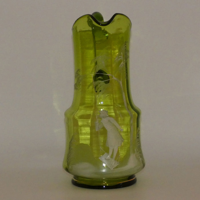 Green Mary Gregory tall glass jug depicting a young girl on swing