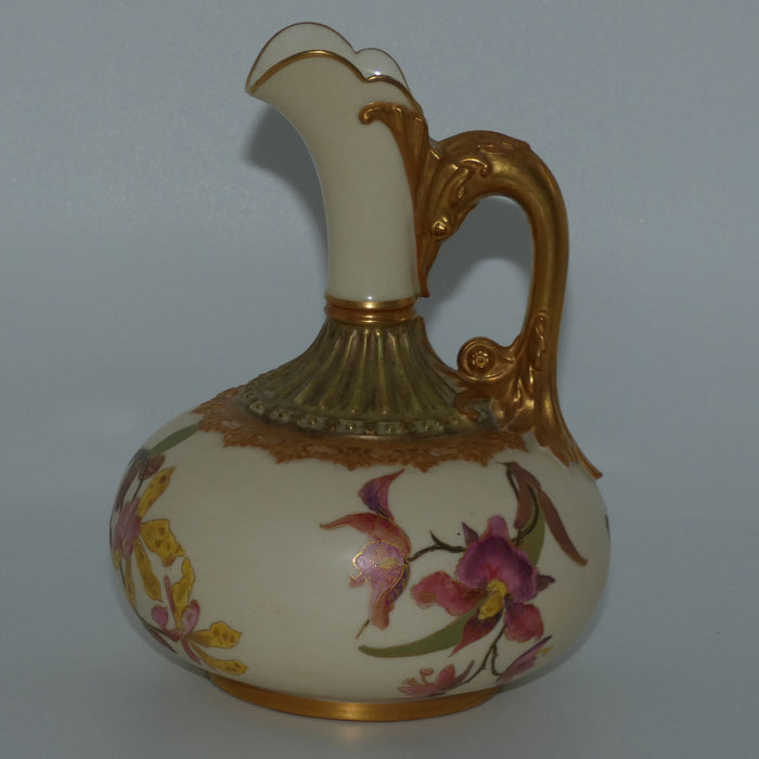 Royal Worcester Blush Ivory hand painted bulbous jug with orchid and dolphin handle (Smaller size)
