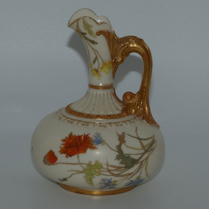 Royal Worcester Blush Ivory hand painted bulbous jug with poppies and dolphin handle (Smaller size)