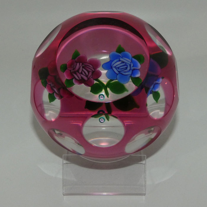 John Deacons Scotland Lampwork Roses with Cranberry Overlay paperweight