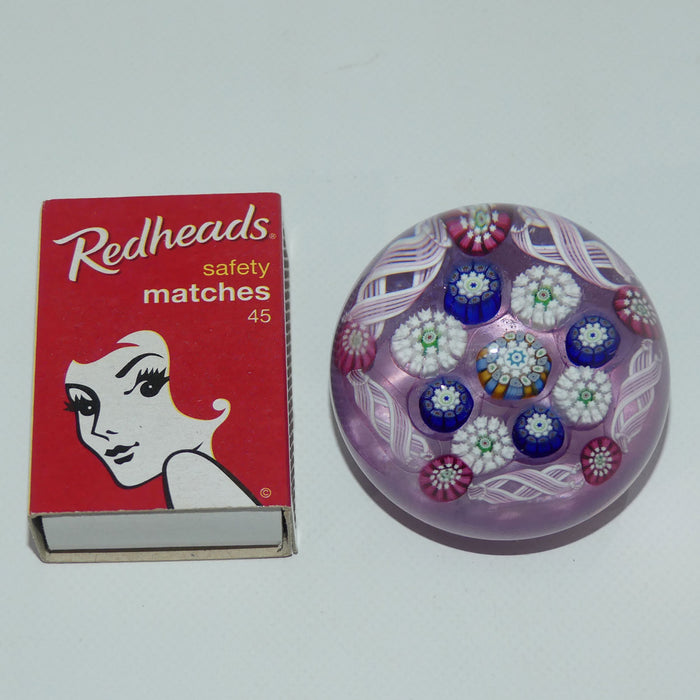 John Deacons Scotland Complex Latticino Garland miniature paperweight | Lavender