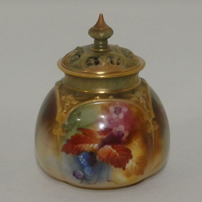 Royal Worcester hand painted leaves and berries bulbous shape pot pourri with reticulated lid