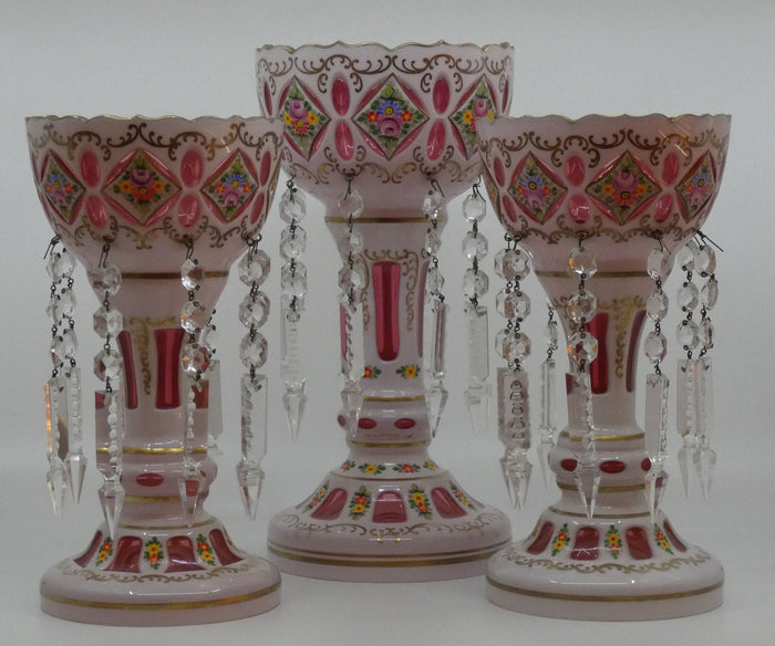 Garniture set of 3 Bohemian Hand Painted and Gilt Cased Glass Lustres c.1950