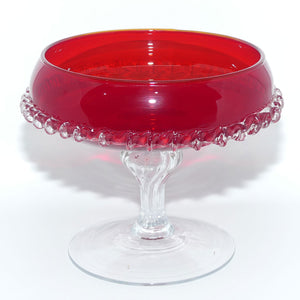 Mid Century Ruby Glass Comport with applied clear rigaree