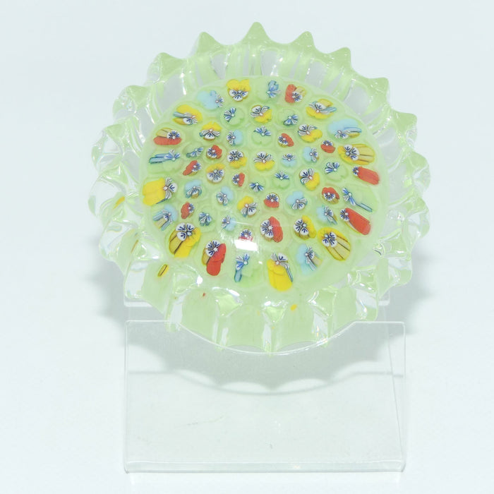 John Deacons Scotland Millefiori Pansy paperweight | Milky Lime | Ribbed
