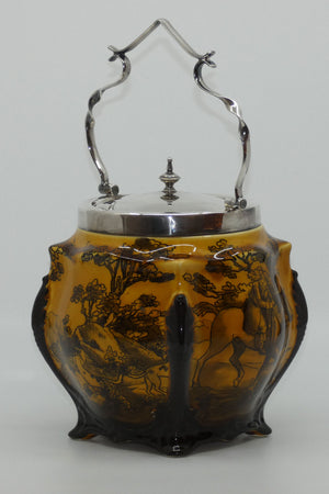 royal-doulton-hunting-morland-unusual-biscuit-barrel-with-epns-handle-and-lid-d938-holbein-glaze