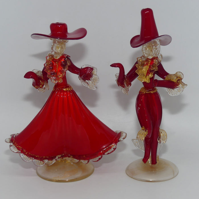 Pair of Murano Glass figures in hats | Red with Gold Dust